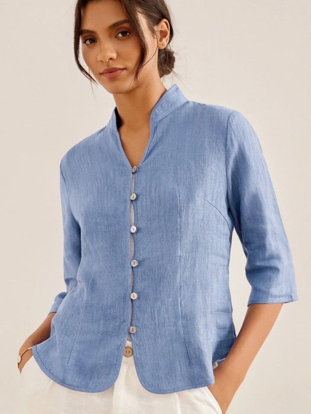 Women's Light Blue Mandarin Collar Button-Front Shirt